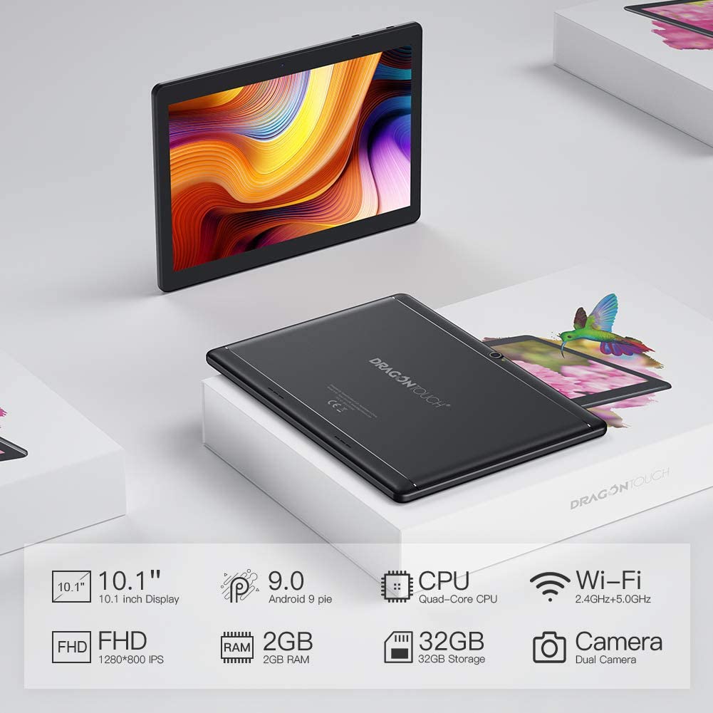 Dragon Touch Notepad K10 Tablet, 10 inch Android Tablet, 2GB RAM 32GB Storage, Quad-Core Processor, 10.1 IPS HD Display, Micro HDMI, Android 9.0 Pie, 5G WiFi, Metal Body Black