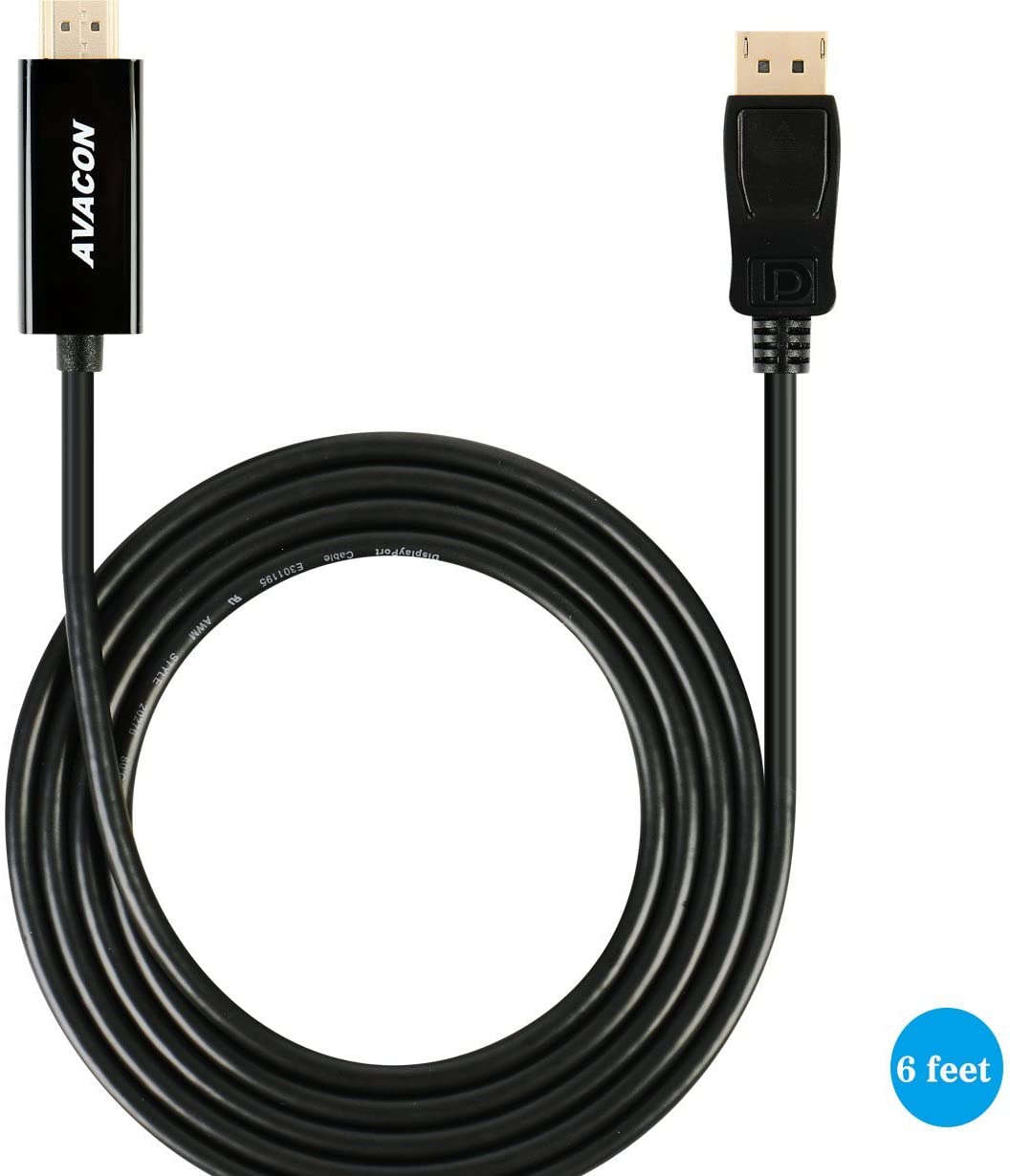 DisplayPort to HDMI 6 Feet Gold-Plated Cable, Avacon Display Port to HDMI Adapter Male to Male Black
