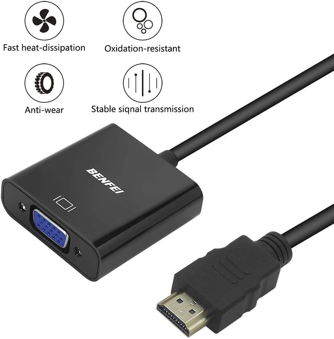 HDMI to VGA, Benfei Gold-Plated HDMI to VGA Adapter (Male to Female) Compatible for Computer, Desktop, Laptop, PC, Monitor, Projector, HDTV, Chromebook, Raspberry Pi, Roku, Xbox and More - Black