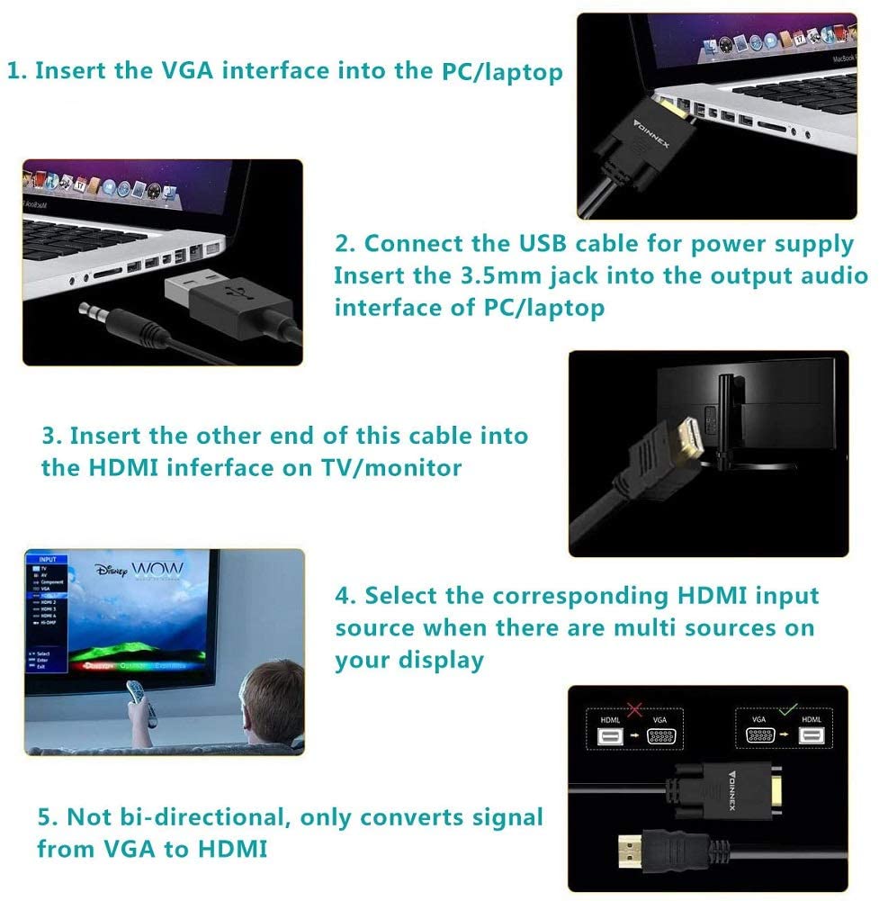 FOINNEX VGA to HDMI Adapter/Converter Cable with Audio,1080P,Convert VGA Source (PC) in HDMI Connector of Monitor,TV. Active Male VGA-HDMI Out Lead Video Adattatore Cord for Computer,Laptop,Projector