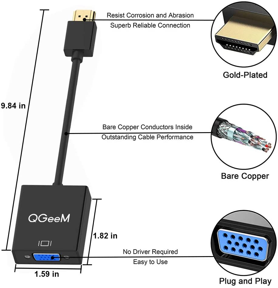HDMI to VGA,QGeeM Gold-Plated HDMI to VGA Adapter (Male to Female) Compatible with Computer,Desktop,Laptop,PC,Monitor,Projector,HDTV, Chromebook,Raspberry Pi,Roku,Xbox and More(Black)
