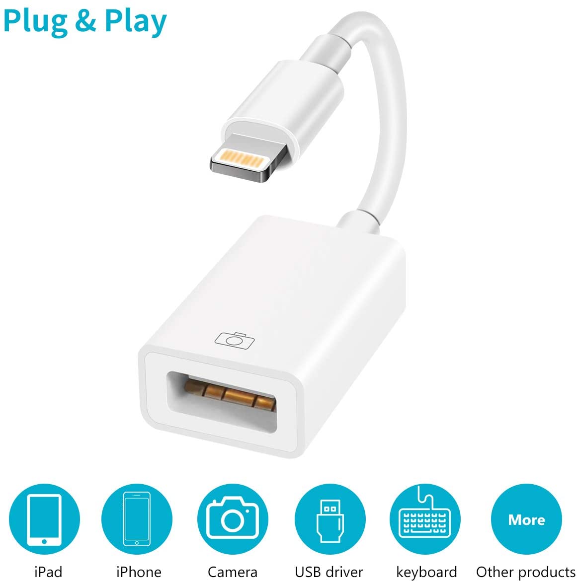 USB Camera Adapter, USB 2.0 Female OTG Adapter Compatible with Phone/Pad, Support Connect Camera, Card Reader, USB Flash Drive, Keyboard ,Support iOS 9.2 or Later, No APP Needed， Plug & Play -White