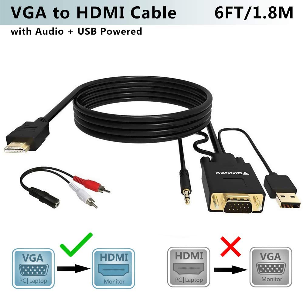 FOINNEX VGA to HDMI Adapter/Converter Cable with Audio,1080P,Convert VGA Source (PC) in HDMI Connector of Monitor,TV. Active Male VGA-HDMI Out Lead Video Adattatore Cord for Computer,Laptop,Projector