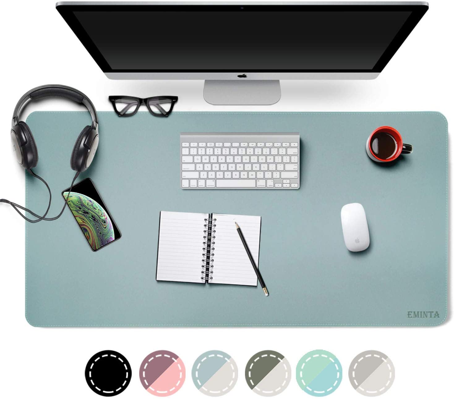 Dual-Sided Desk Pad Office Desk Mat, EMINTA Ultra Thin Waterproof PU Leather Mouse Pad Desk Blotter Protector, Desk Writing Mat for Office/Home (Light Blue/Silver, 31.5
