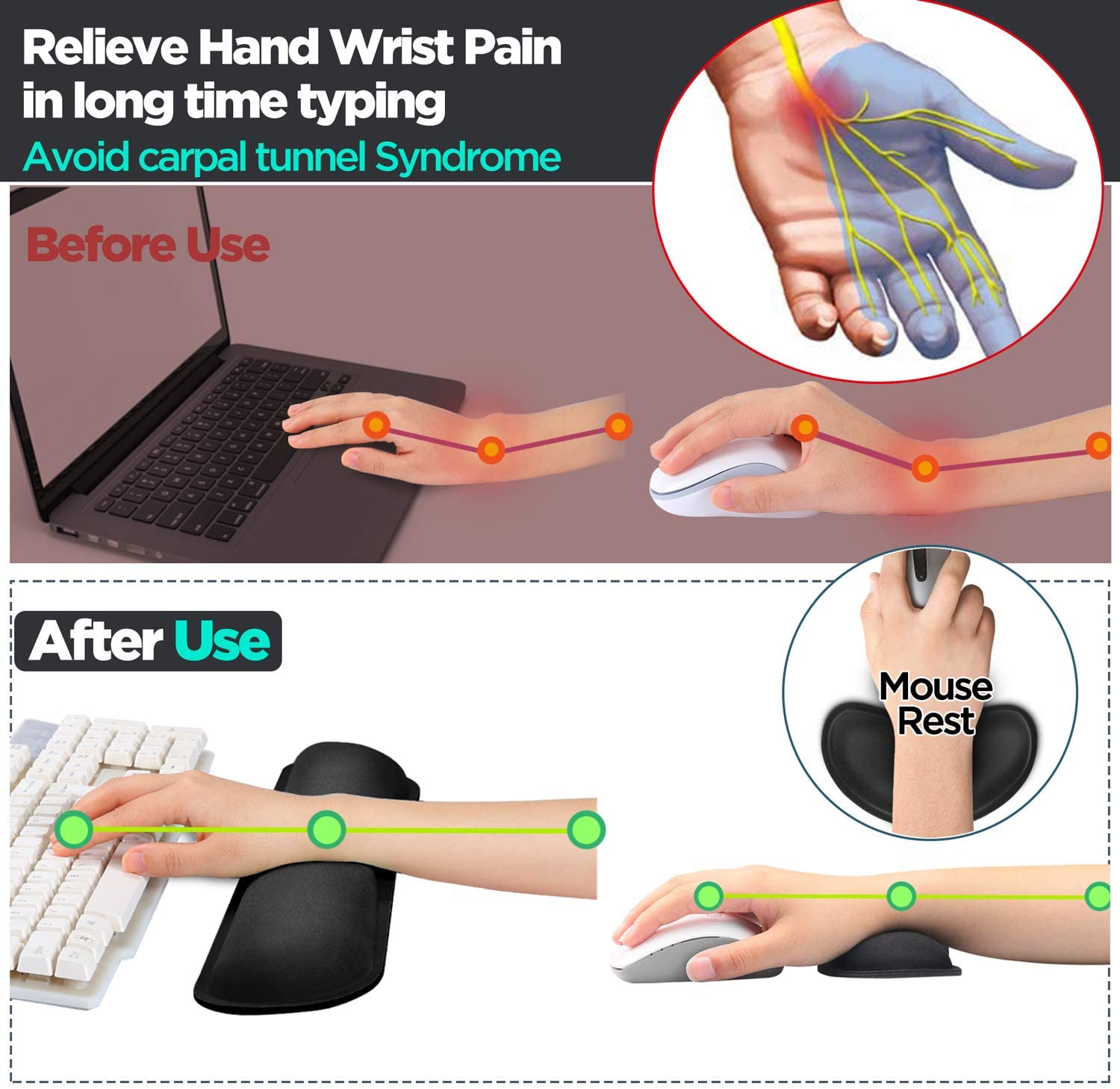 Gimars Upgrade Enlarge Gel Memory Foam Set Keyboard Wrist Rest Pad, Mouse Wrist Cushion Support for Office, Computer, Laptop, Mac, Comfortable, Lightweight for Easy Typing Pain Relief, Black