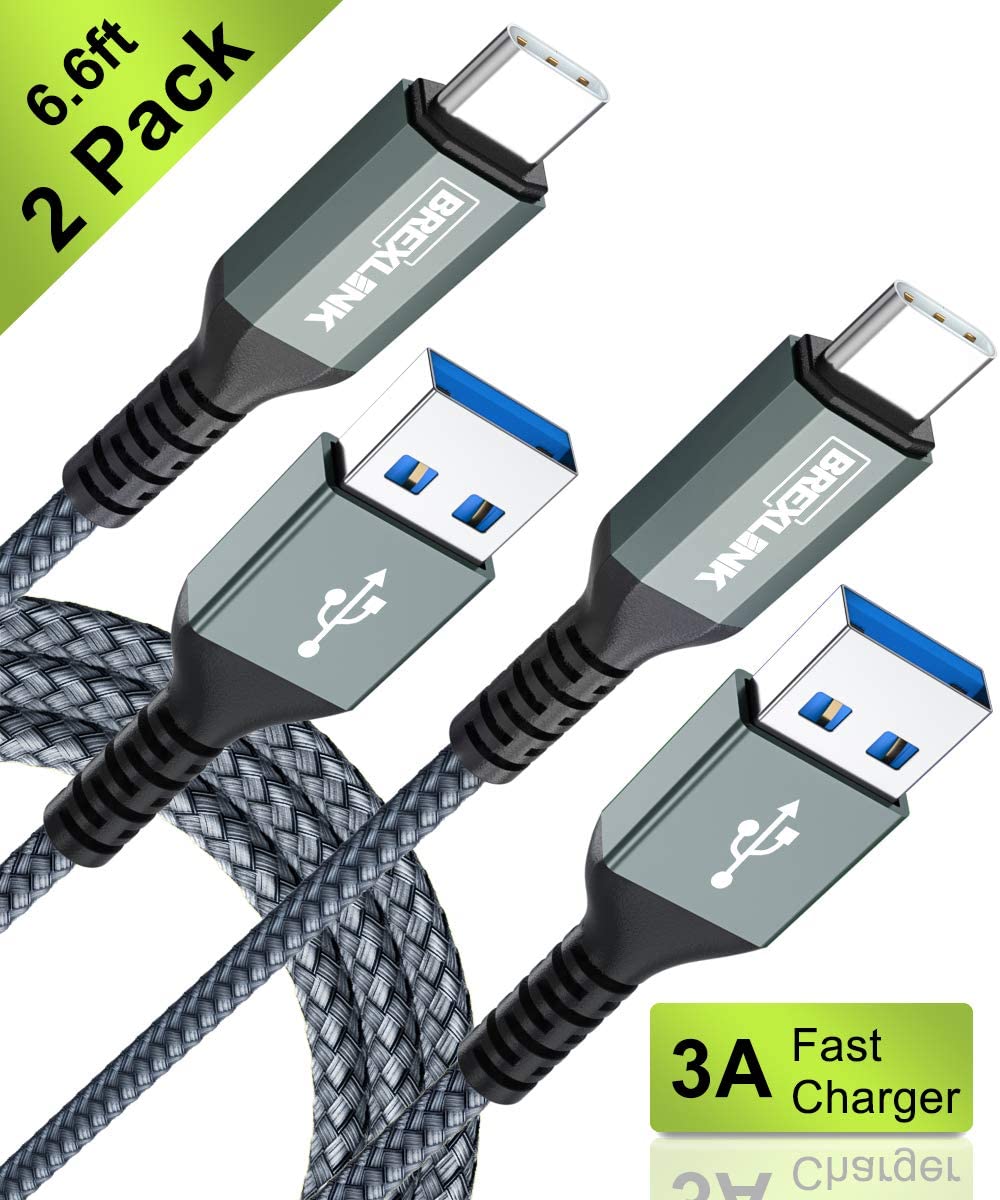 BrexLink USB 3.0 Type C Cable, USB C to USB A Charger Cable (2m 2-Pack) Charging for Samsung Galaxy S10 S9 S8 A3 A5 Note 8 9 10, Huawei P10 P9 P20 Pro, Google Pixel, LG V30 G6 (Grey)