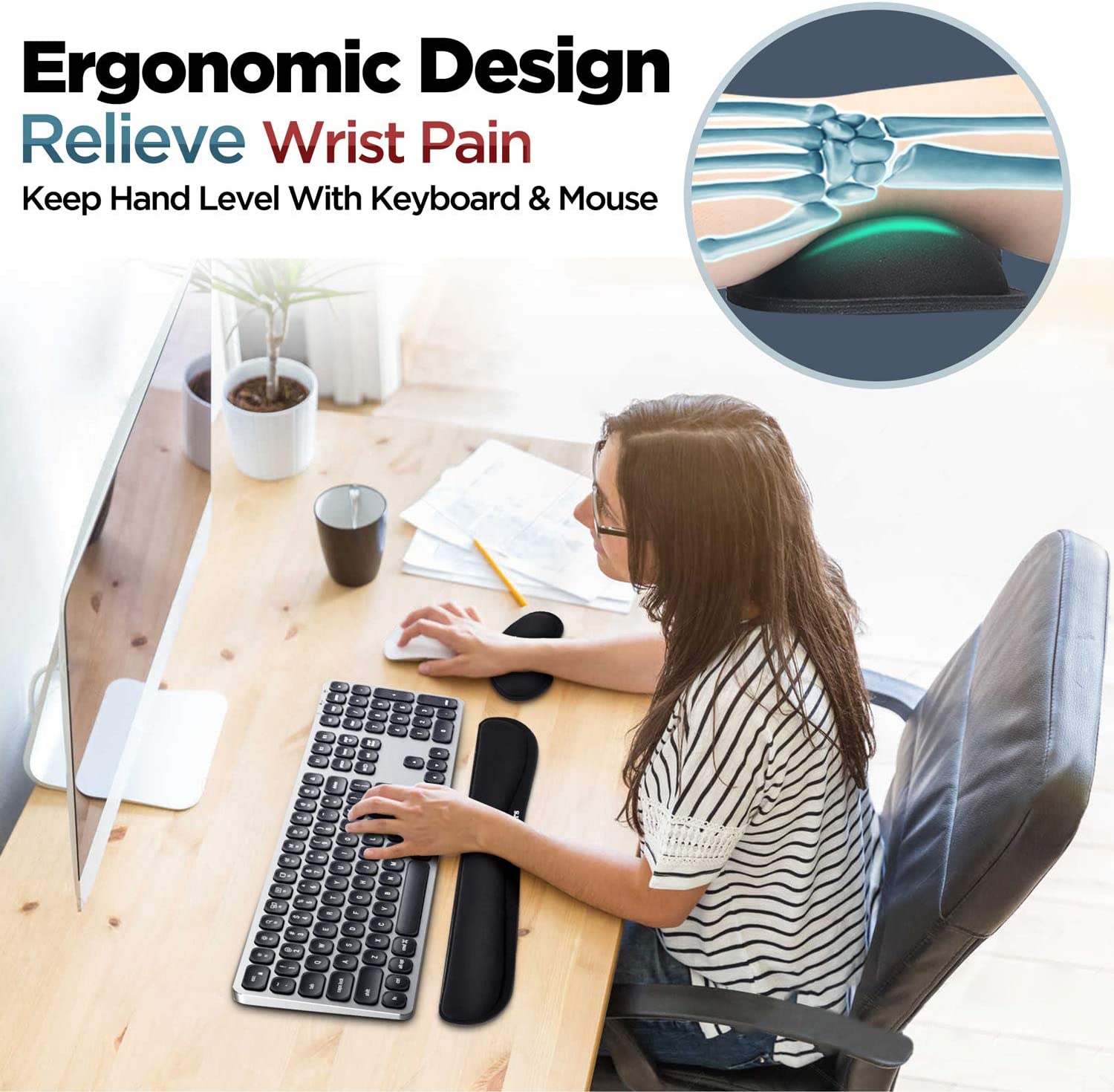 Gimars Upgrade Enlarge Gel Memory Foam Set Keyboard Wrist Rest Pad, Mouse Wrist Cushion Support for Office, Computer, Laptop, Mac, Comfortable, Lightweight for Easy Typing Pain Relief, Black
