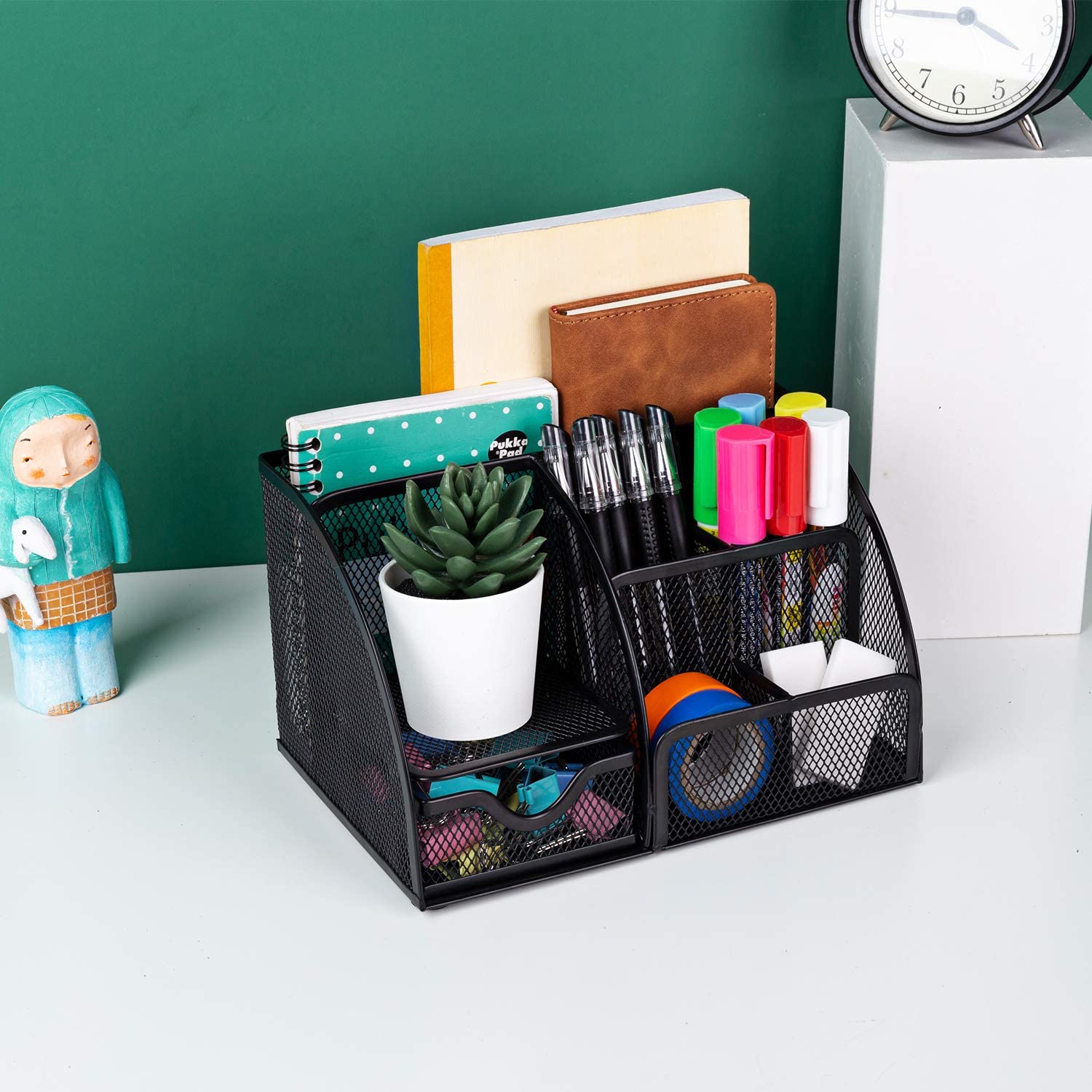 MDHAND Office Desk Organizer and Accessories, Mesh Desk Organizer with 6 Compartments + Drawer