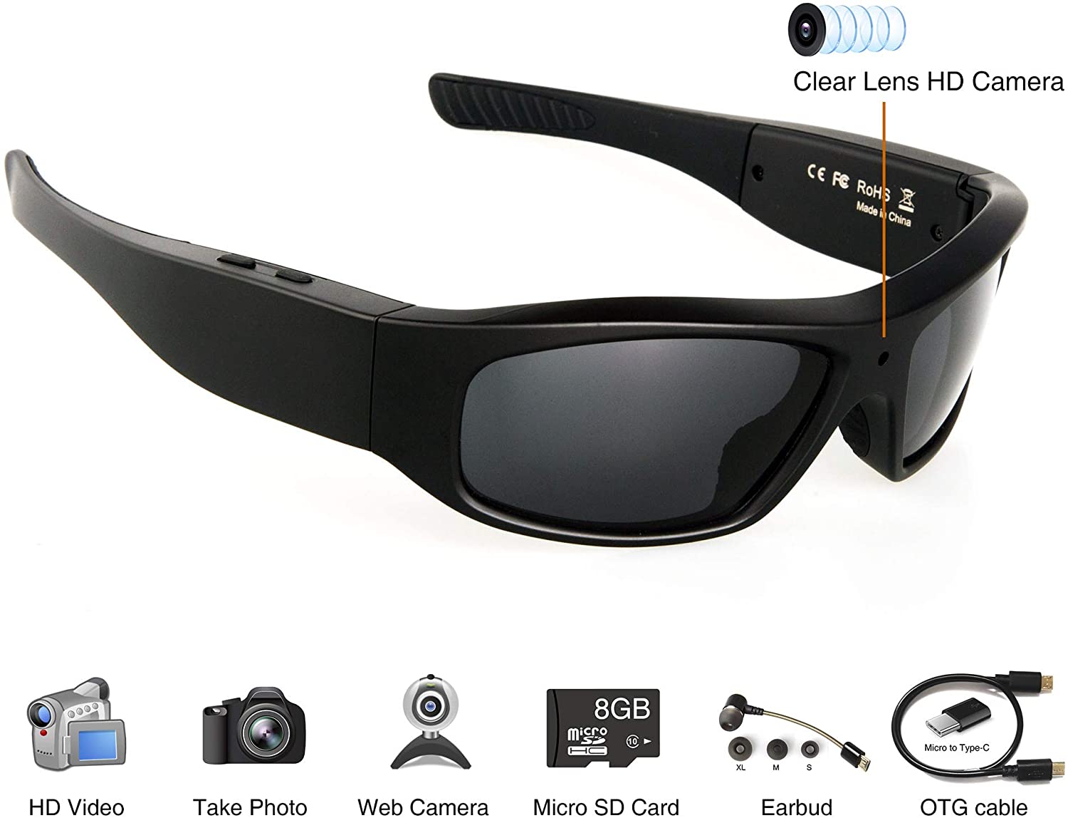 Wearable Sport Camera Glasses with Wireless Headset Video Sunglasses HD Video Glasses for Android Smartphone TR90 Glasses Frame with Polarized UV400 Lenses