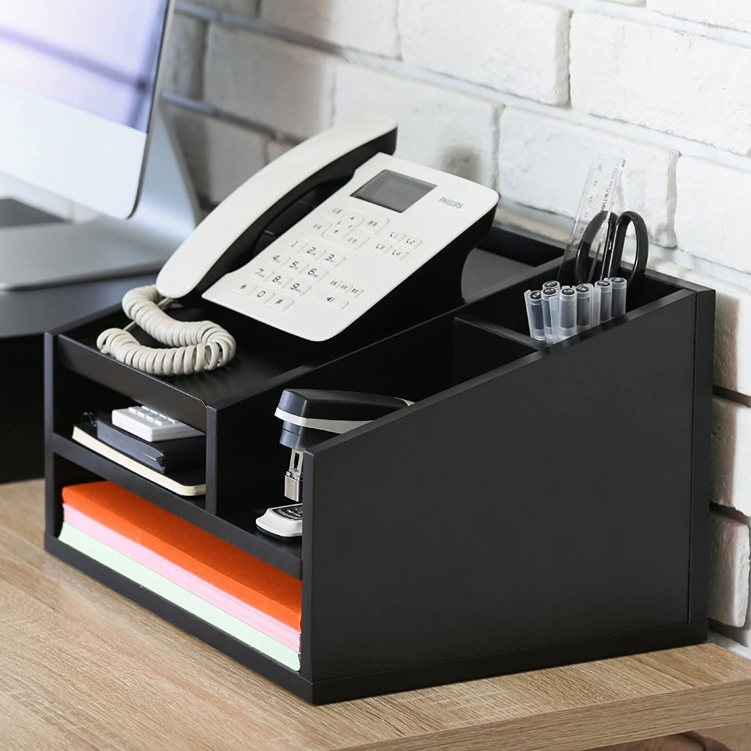 FITUEYES Wood Office Suppies Desk Organizer 5 Compartments with Letter Tray Phone Stand Pen Pencil Holder