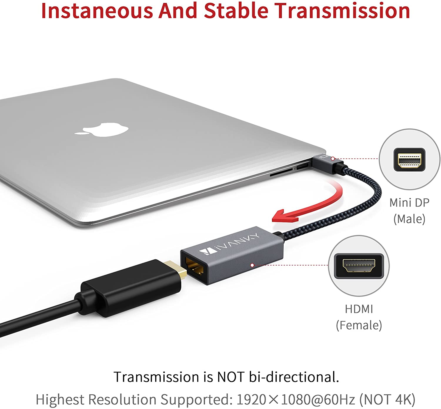 Thunderbolt to HDMI Adapter iVanky Nylon Braided Mini DisplayPort to HDMI Adapter for Apple MacBook Air/Pro, Microsoft Surface Pro/Dock, Monitor, Projector or More - Super Slim, Aluminum Shell - Grey