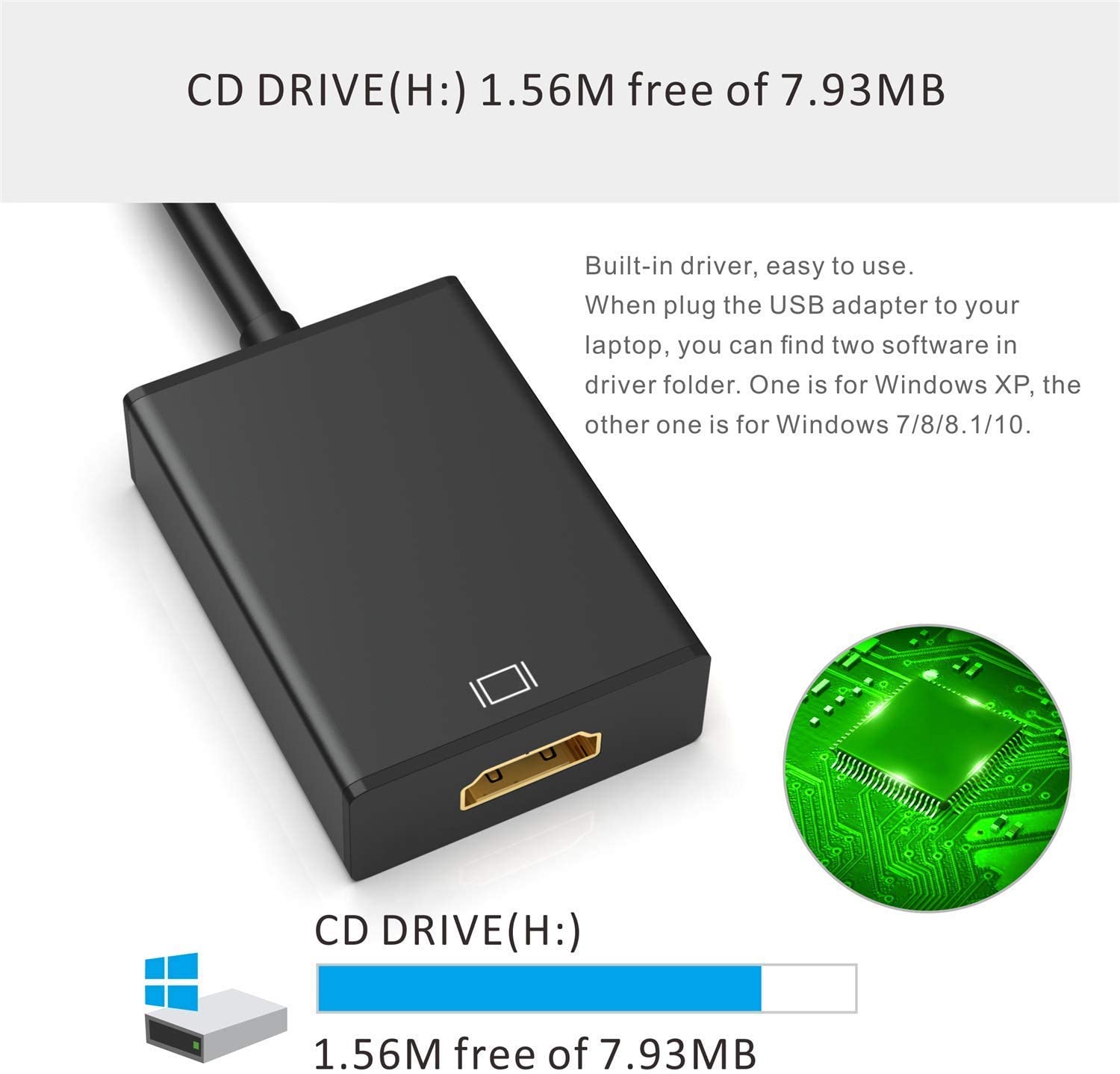 USB to HDMI Adapter,ABLEWE USB 3.0/2.0 to HDMI 1080P Video Graphics Cable Converter with Audio for PC Laptop Projector HDTV Compatible with Windows XP 7/8/8.1/10