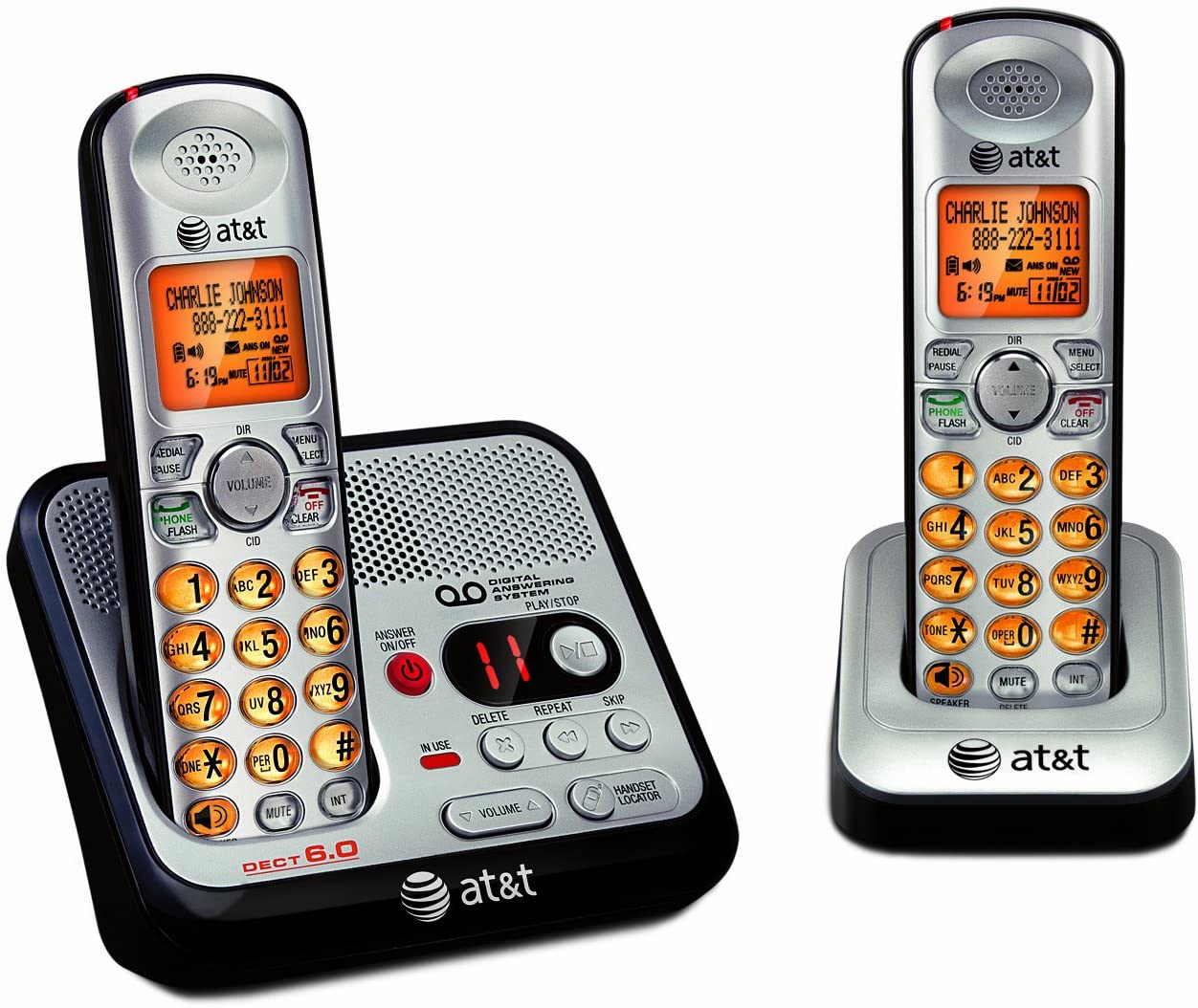 AT&T EL52200 2-Handset DECT 6.0 Cordless Phone with Digital Answering System and Caller ID, Handset Speakerphone, Wall-Mountable, Silver/Black