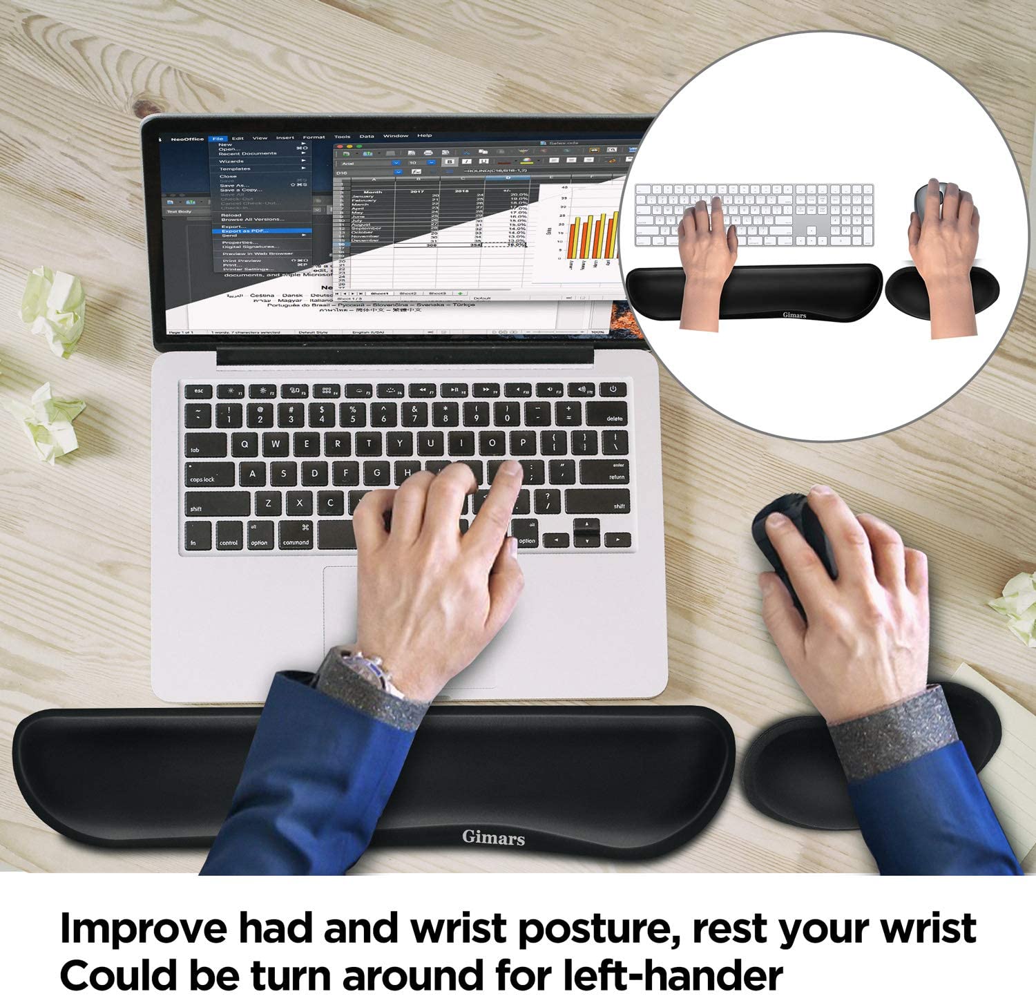 Gimars Upgrade Enlarge Gel Memory Foam Set Keyboard Wrist Rest Pad, Mouse Wrist Cushion Support for Office, Computer, Laptop, Mac, Comfortable, Lightweight for Easy Typing Pain Relief, Black