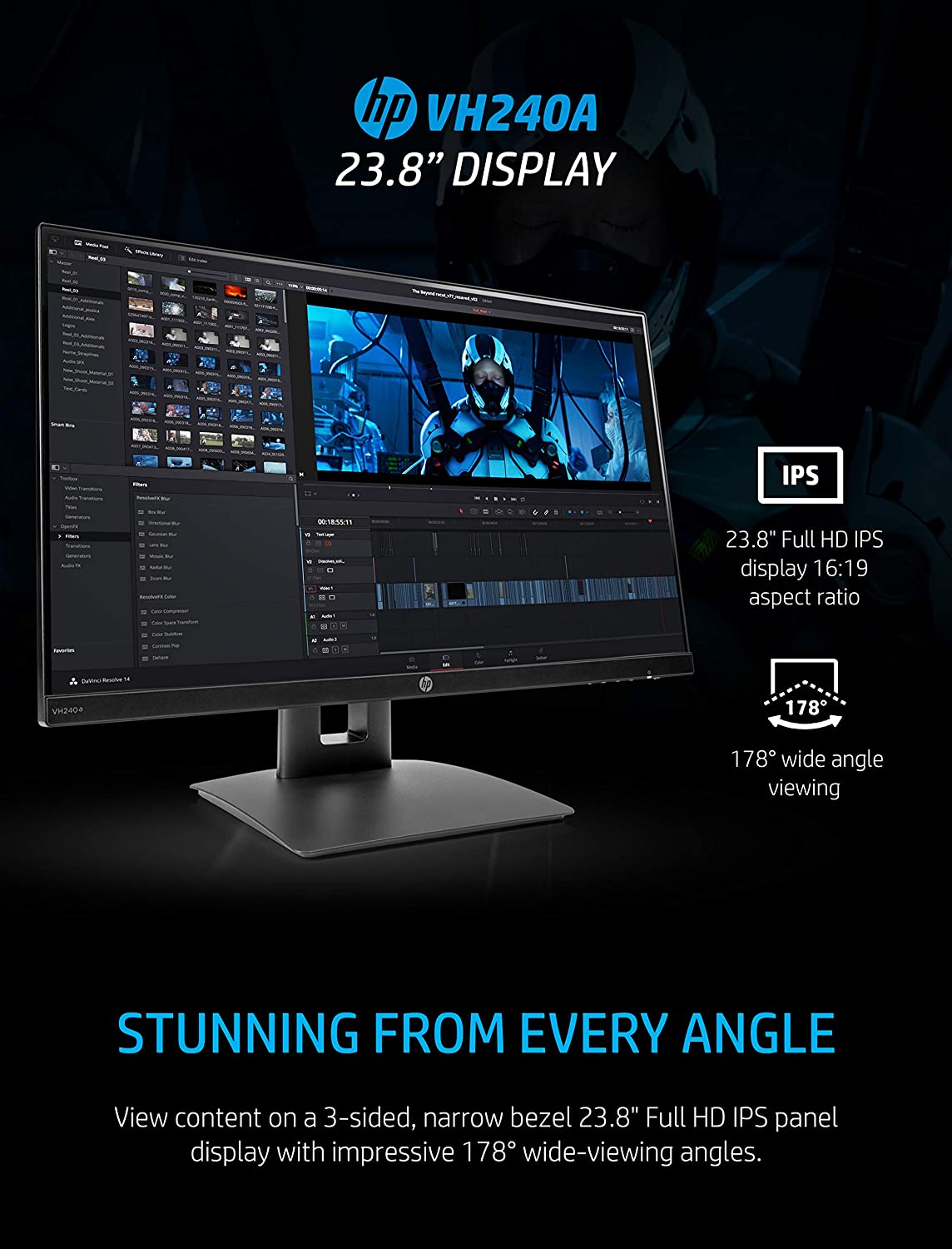 HP VH240a 23.8-inch Full HD 1080p IPS LED Monitor with Built-in Speakers and VESA Mounting, Rotating Portrait & Landscape, Tilt, and HDMI & VGA Ports (1KL30AA) - Black