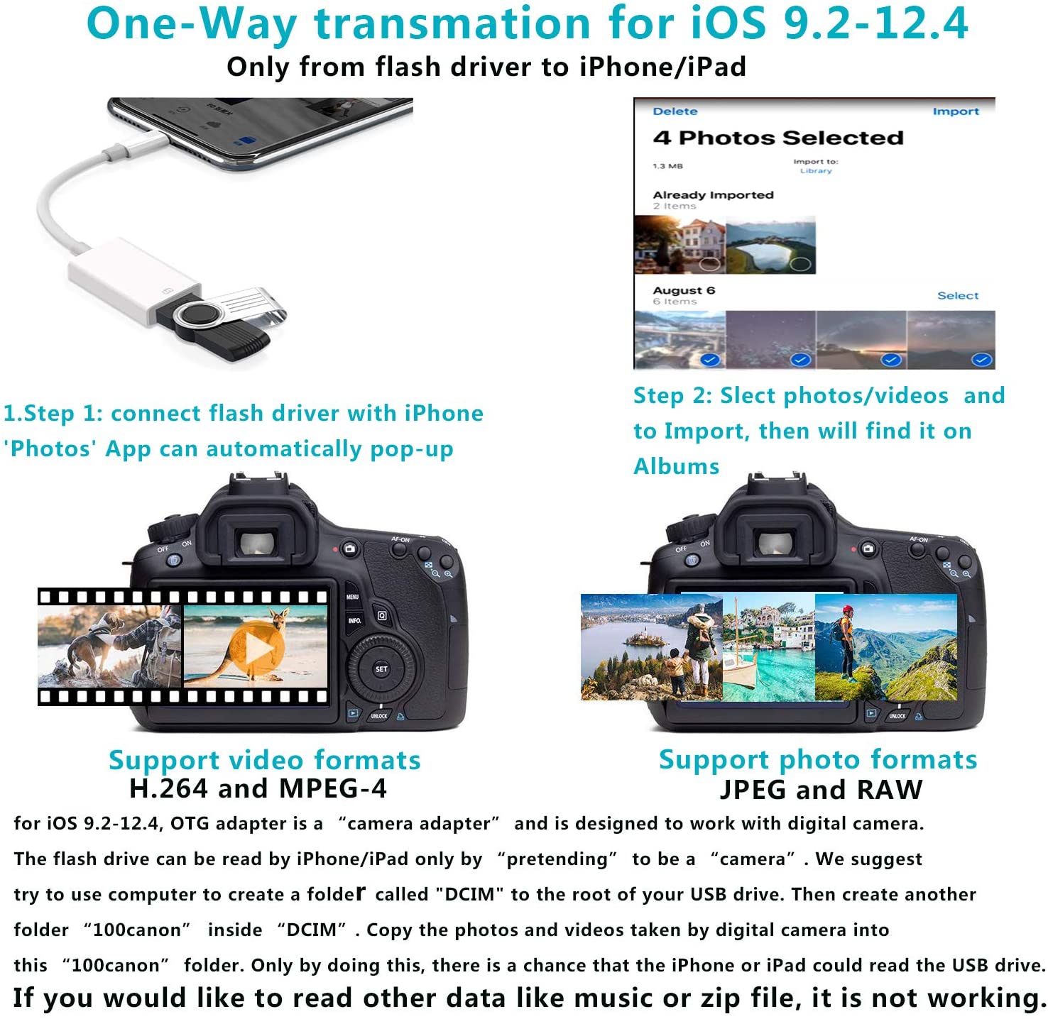 USB Camera Adapter, USB 2.0 Female OTG Adapter Compatible with Phone/Pad, Support Connect Camera, Card Reader, USB Flash Drive, Keyboard ,Support iOS 9.2 or Later, No APP Needed， Plug & Play -White