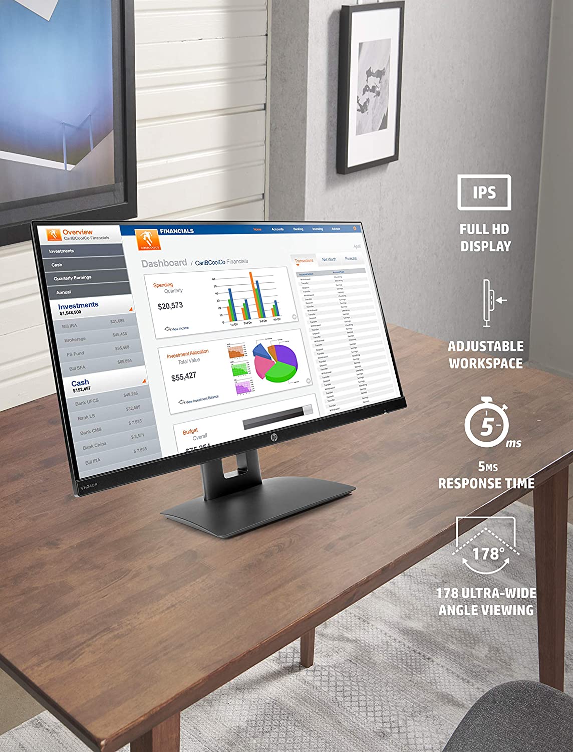 HP VH240a 23.8-inch Full HD 1080p IPS LED Monitor with Built-in Speakers and VESA Mounting, Rotating Portrait & Landscape, Tilt, and HDMI & VGA Ports (1KL30AA) - Black