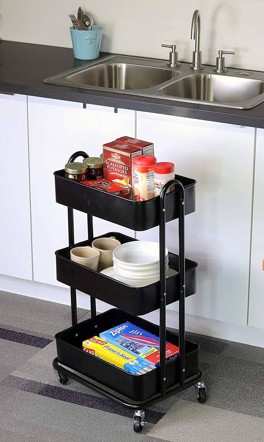 SimpleHouseware Heavy Duty 3-Tier Metal Utility Rolling Cart, Black
