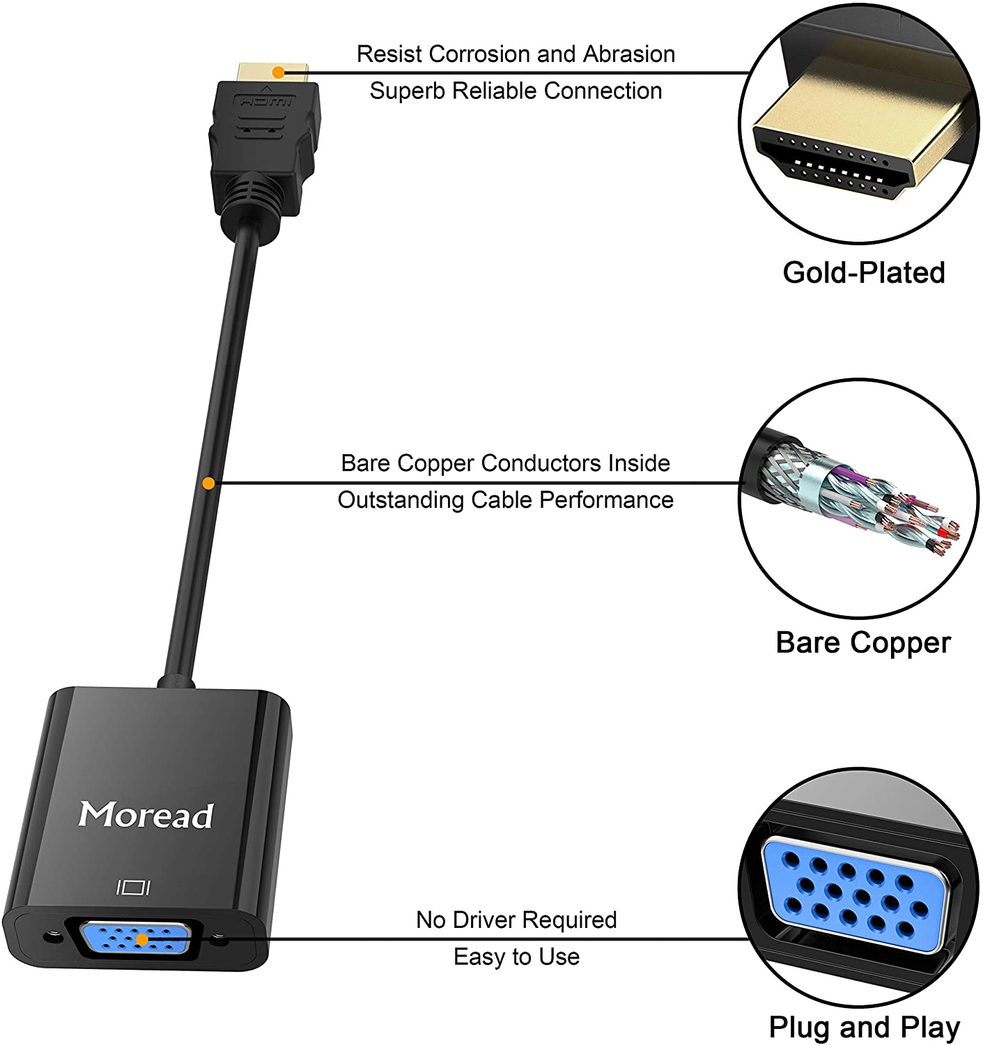 HDMI to VGA, 5 Pack, Moread Gold-Plated HDMI to VGA Adapter (Male to Female) for Computer, Desktop, Laptop, PC, Monitor, Projector, HDTV, Chromebook, Raspberry Pi, Roku, Xbox and More - Black