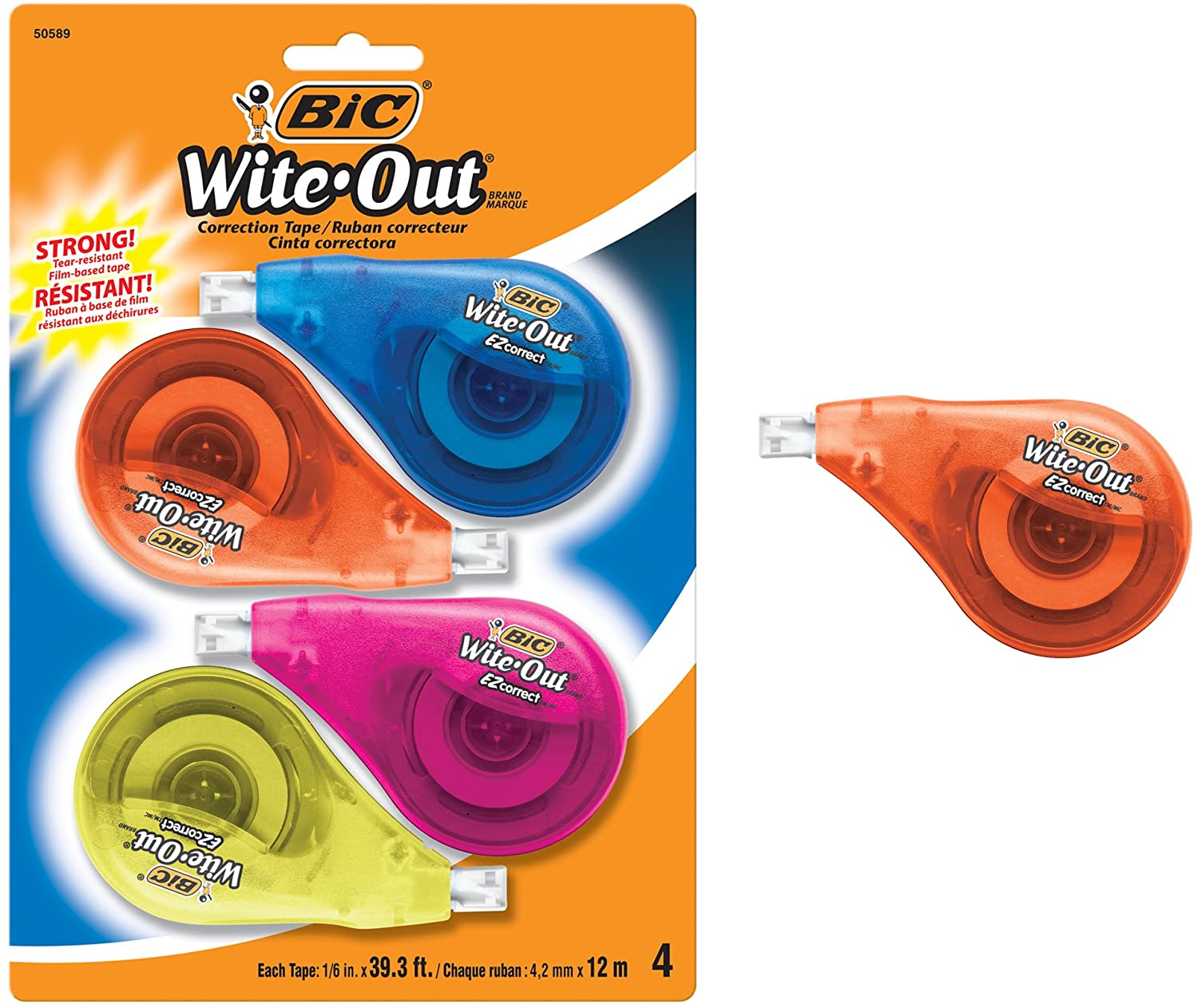 BIC Clean Wite-Out Brand EZ Correct Correction Tape, 4-Count, 5.25 x .75 x 8.125 (WOTAPP418-WHI)