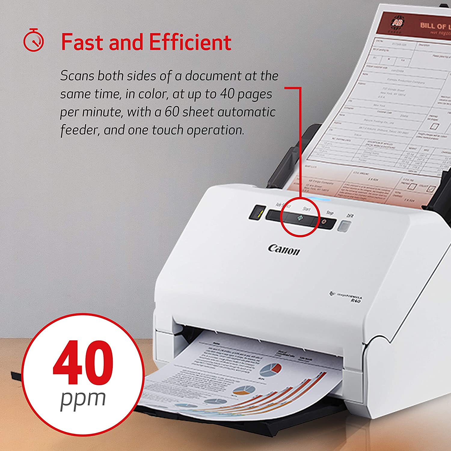 Canon ImageFORMULA R40 Office Document Scanner For PC and Mac, Color Duplex Scanning, Easy Setup For Office Or Home Use, Includes Scanning Software