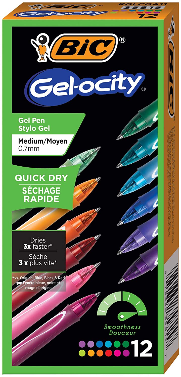 BIC Gel-Ocity Quick Dry Gel Pens, Medium Point Retractable Gel Pen (0.7mm), Assorted Colors, 12-Count