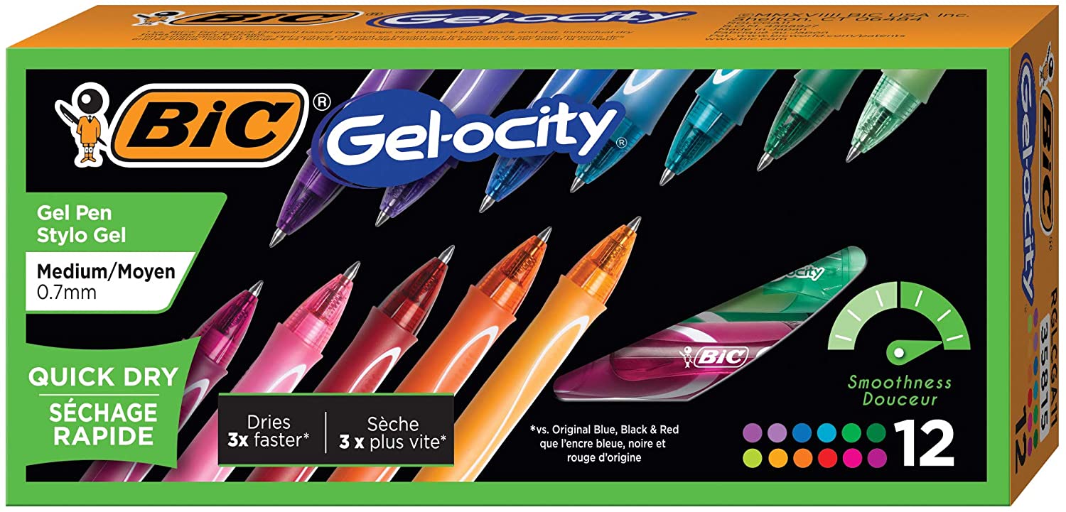 BIC Gel-Ocity Quick Dry Gel Pens, Medium Point Retractable Gel Pen (0.7mm), Assorted Colors, 12-Count