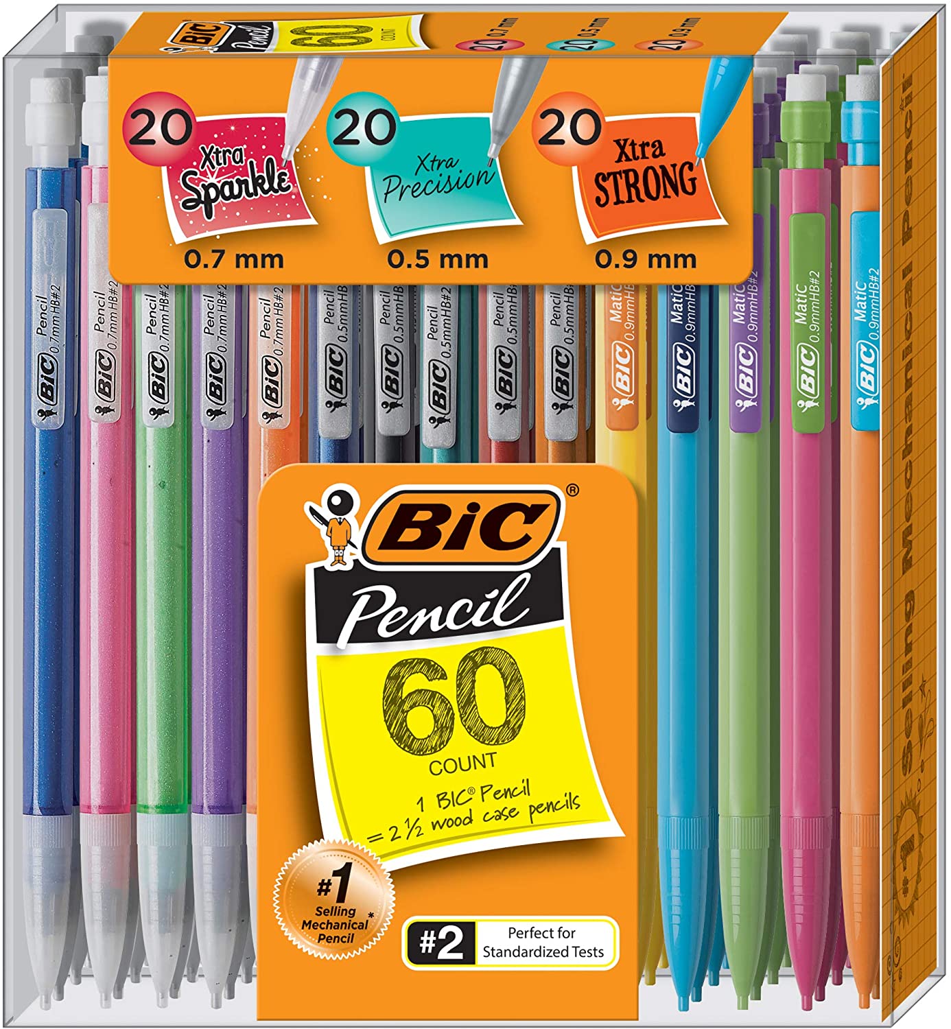 BIC Mechanical Pencil Variety Pack, Assorted Size, 0.5mm, 0.7mm, 0.9mm, 60-Count, Black, Model Number: WX7TG026-BLK