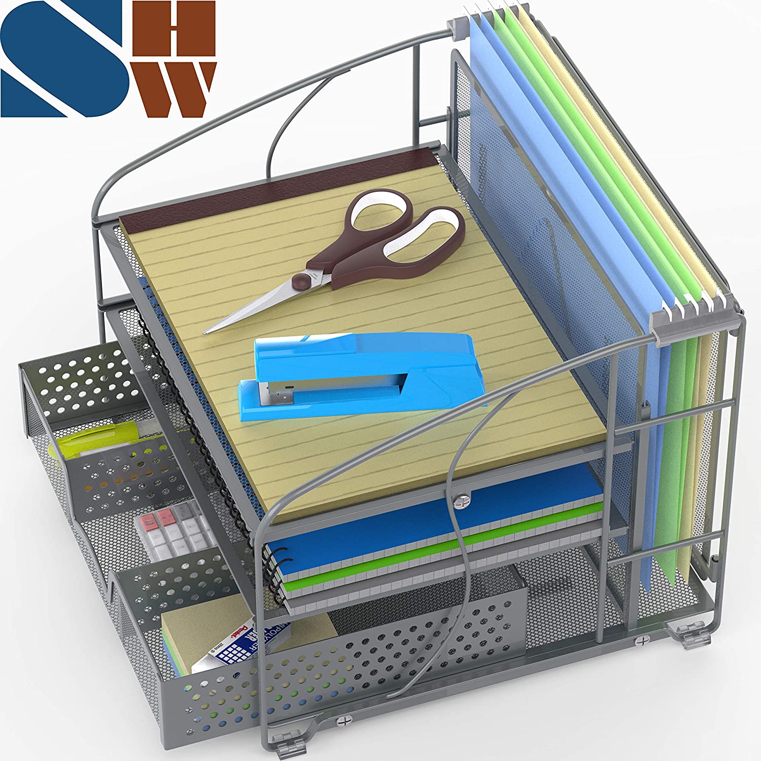 SimpleHouseware Desk Organizer 3 Tray w/Sliding Drawer and Hanging File Holder, Silver