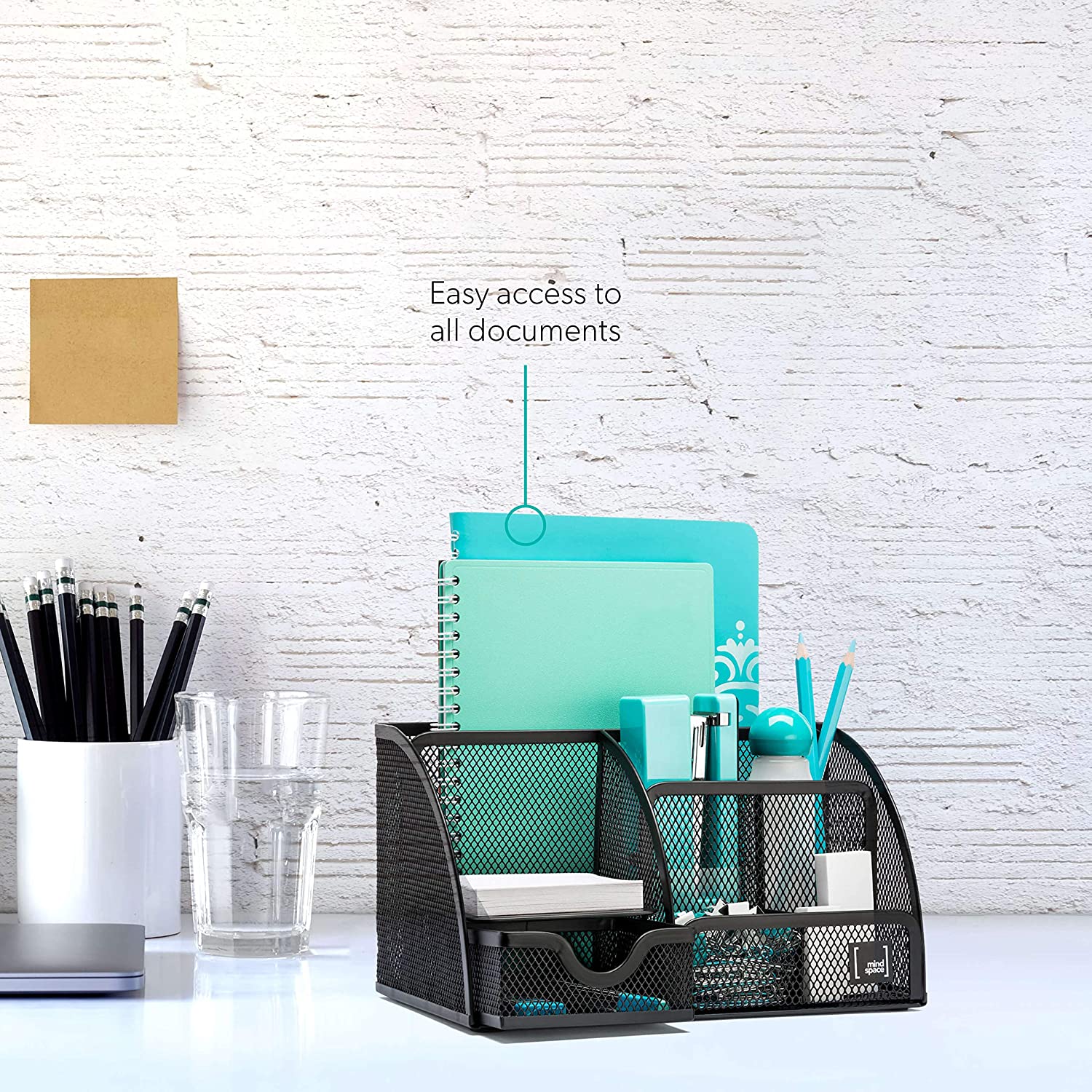 Mindspace Office Desk Organizer with 6 Compartments + Drawer | The Mesh Collection, Black