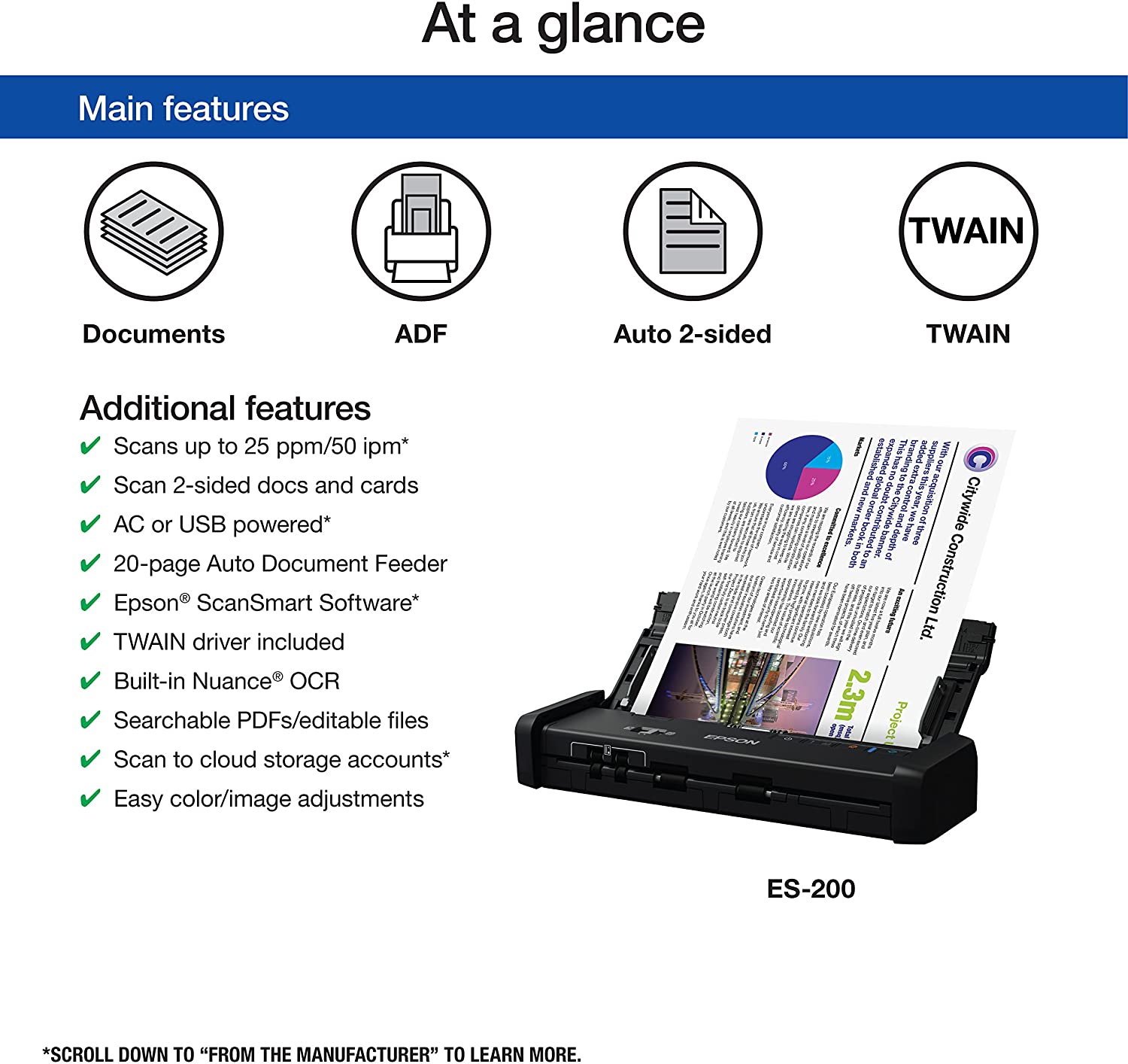 Epson Workforce ES-200 Color Portable Document Scanner with ADF for PC and Mac, Sheet-fed and Duplex Scanning