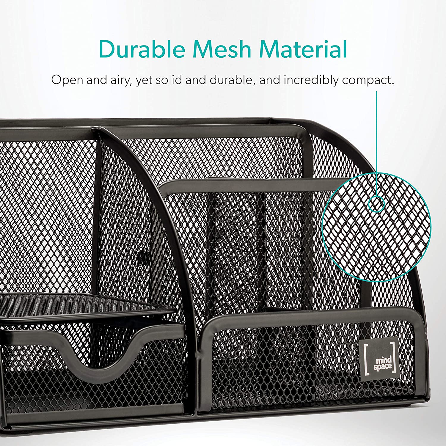 Mindspace Office Desk Organizer with 6 Compartments + Drawer | The Mesh Collection, Black